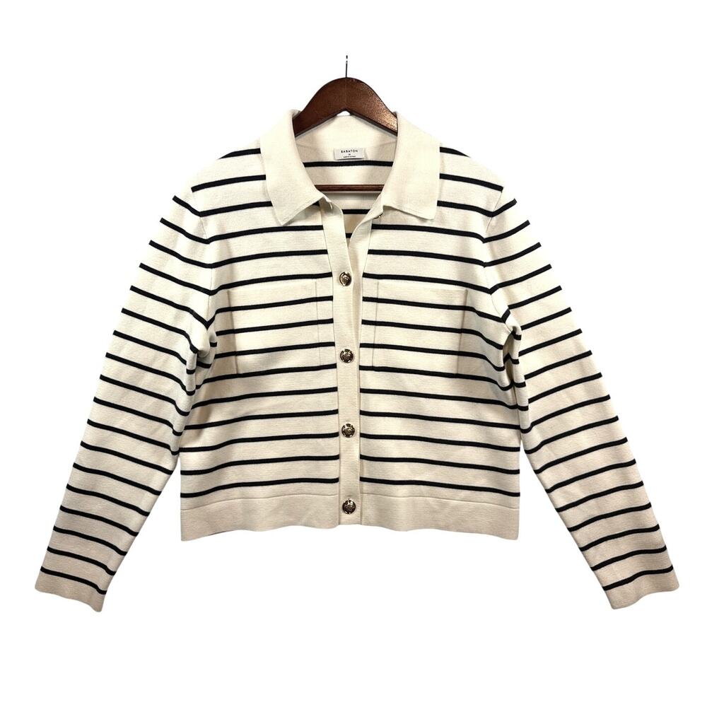 Babaton Aritzia Bavarian Striped Collared Sweater White Gold Buttons Medium M